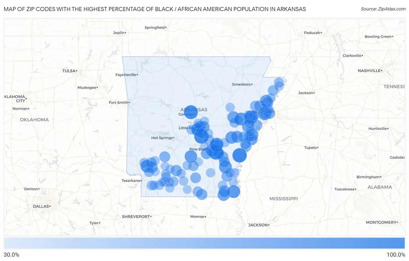 Zip Codes with the Highest Percentage of Black / African American Population in Arkansas Map
