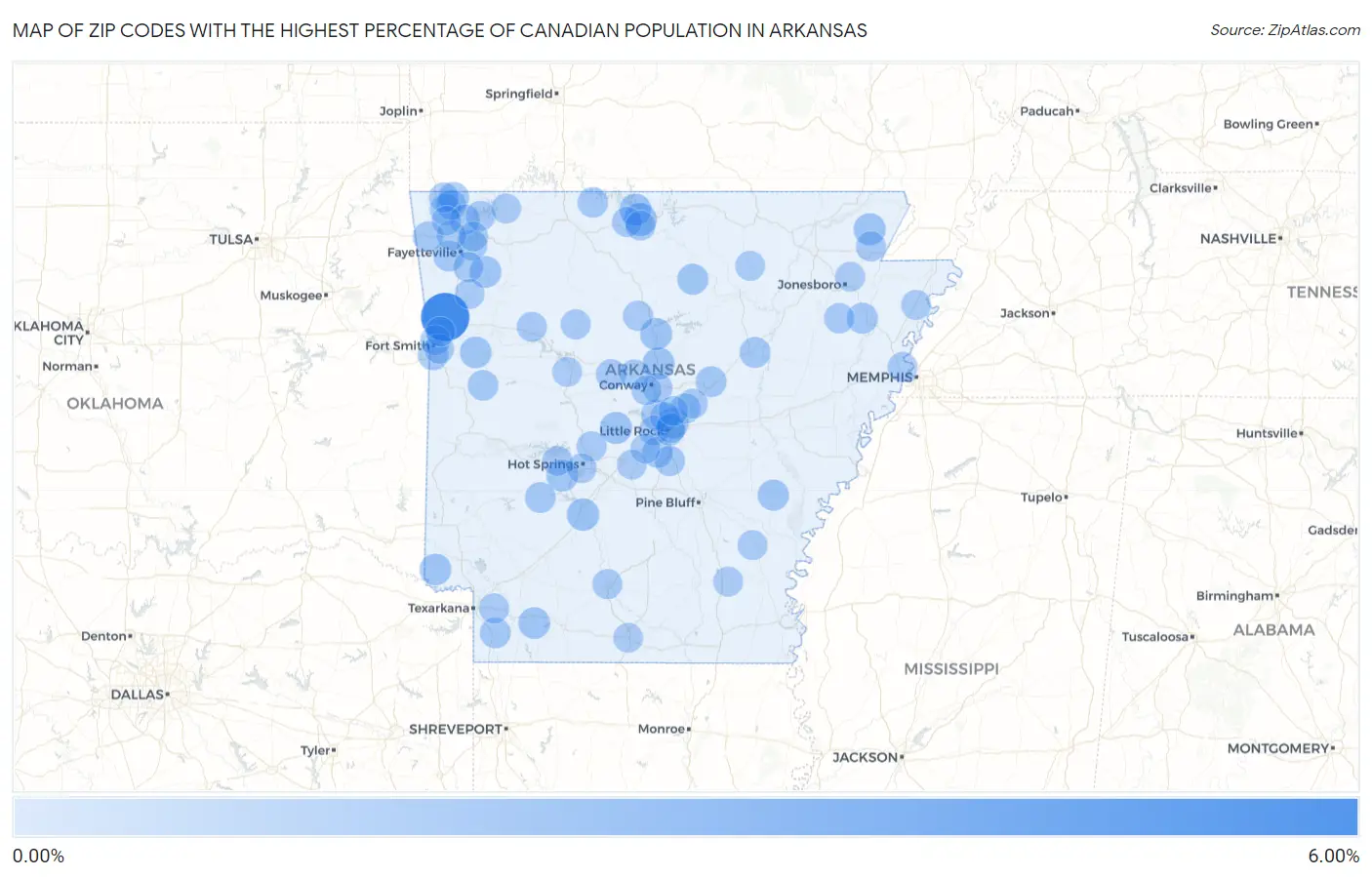 Zip Codes with the Highest Percentage of Canadian Population in Arkansas Map