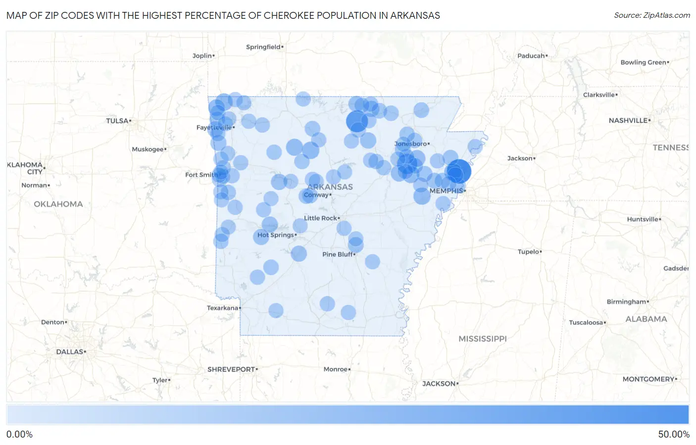 Zip Codes with the Highest Percentage of Cherokee Population in Arkansas Map