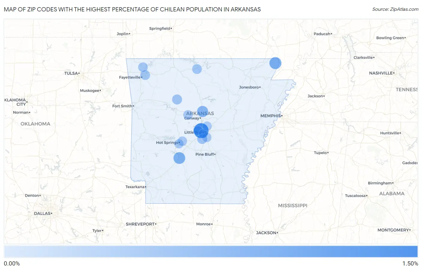 Zip Codes with the Highest Percentage of Chilean Population in Arkansas Map