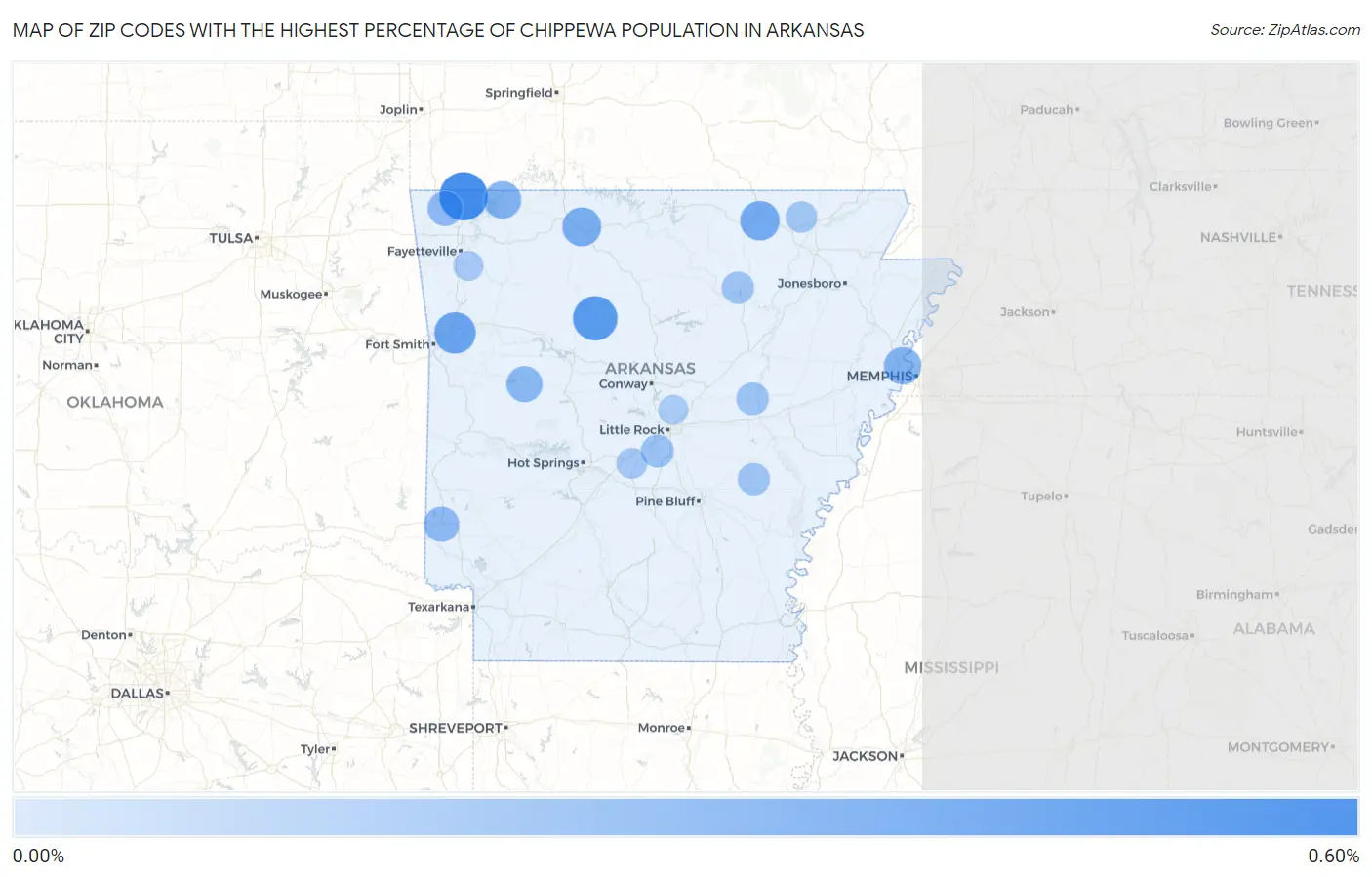 Zip Codes with the Highest Percentage of Chippewa Population in Arkansas Map
