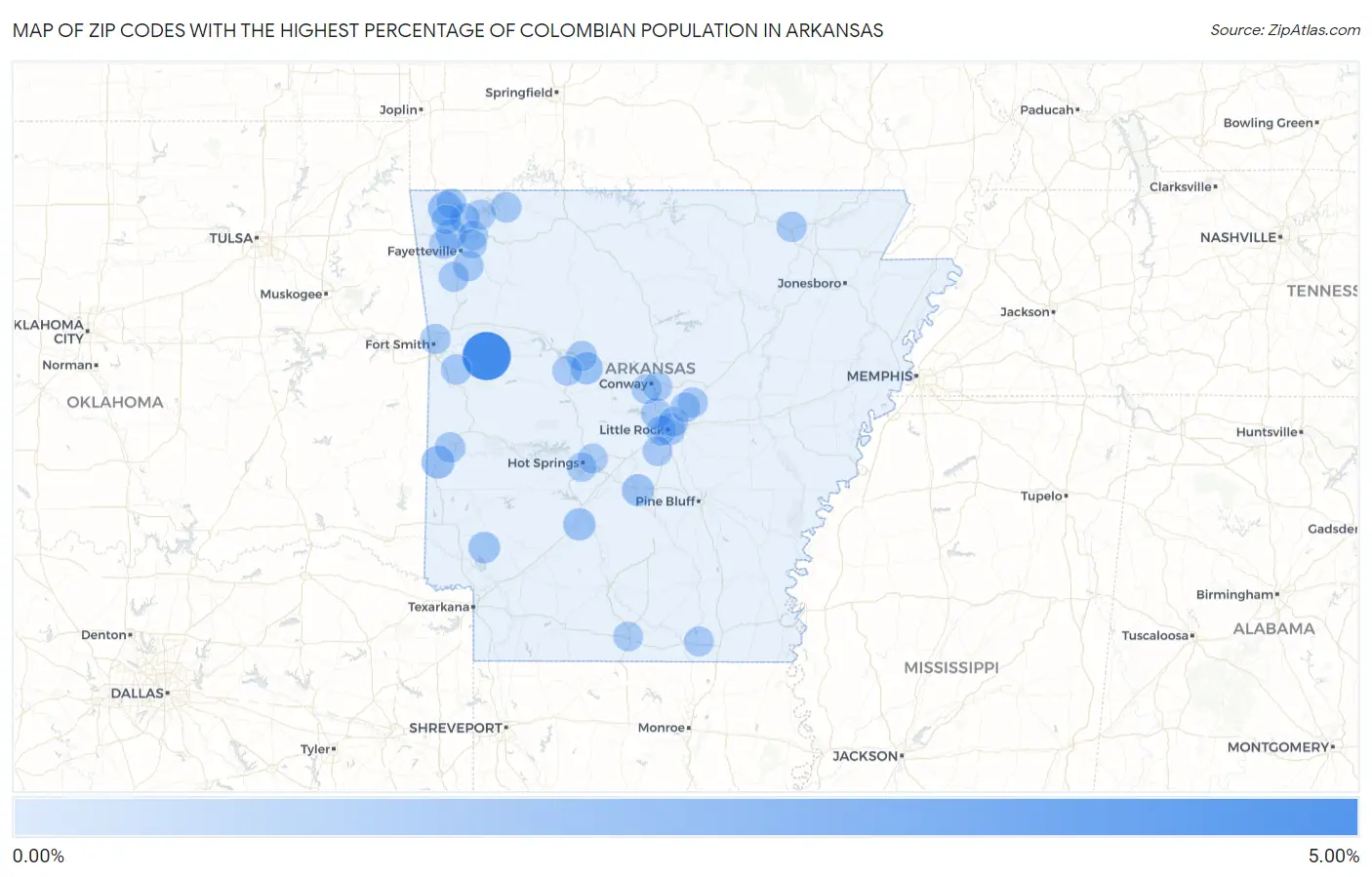 Zip Codes with the Highest Percentage of Colombian Population in Arkansas Map