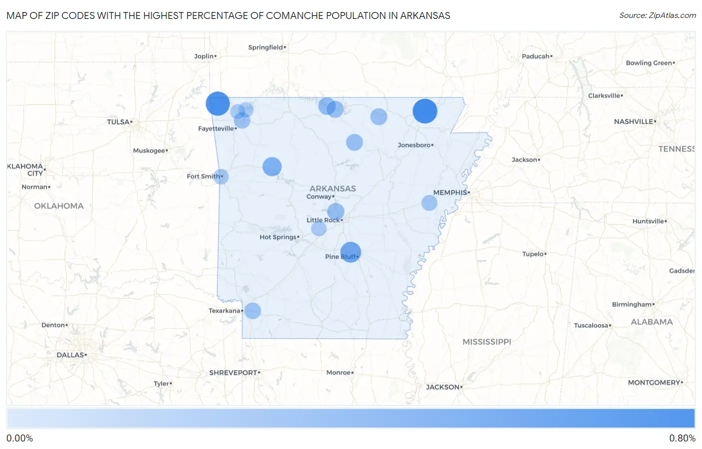 Zip Codes with the Highest Percentage of Comanche Population in Arkansas Map