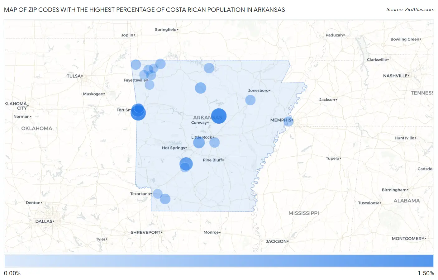 Zip Codes with the Highest Percentage of Costa Rican Population in Arkansas Map