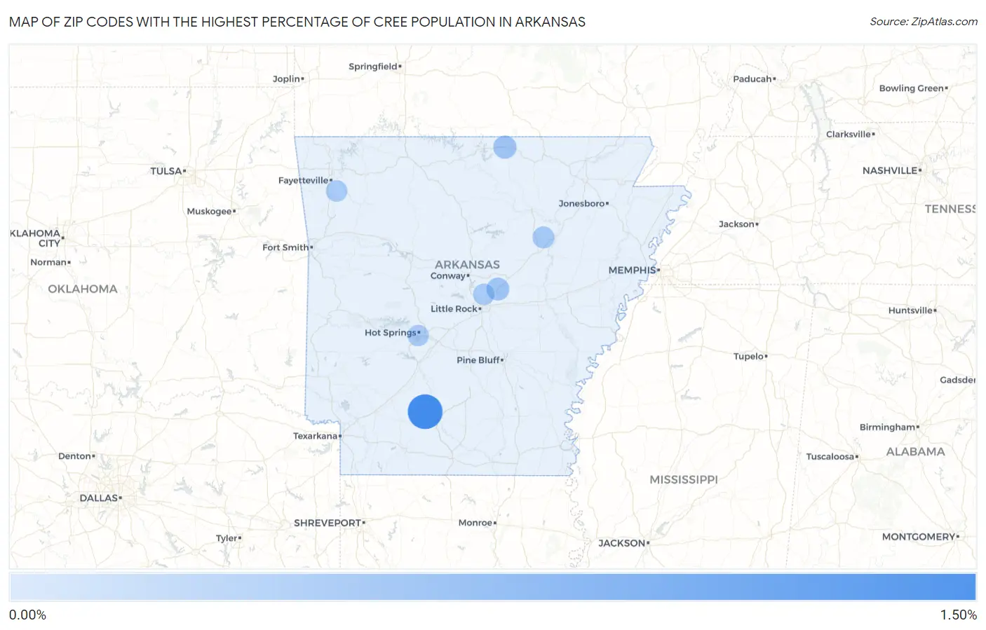 Zip Codes with the Highest Percentage of Cree Population in Arkansas Map