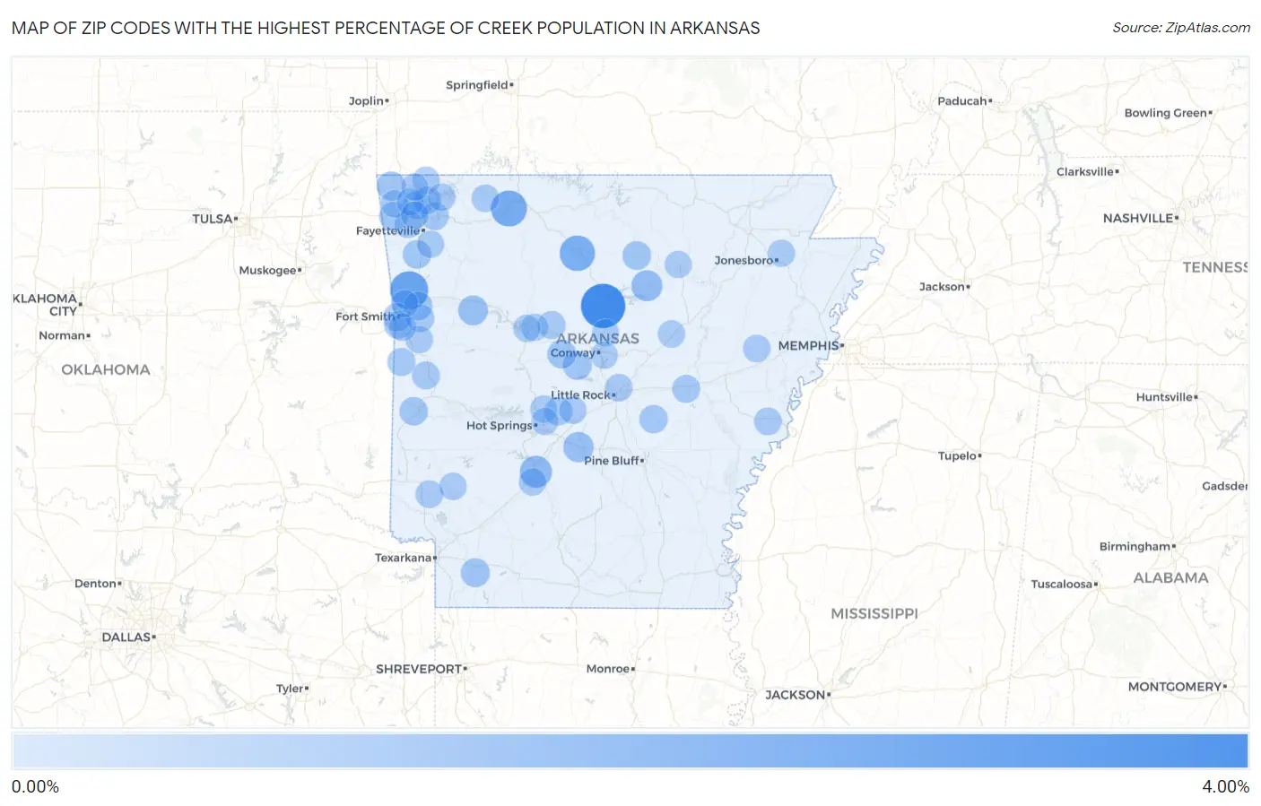 Zip Codes with the Highest Percentage of Creek Population in Arkansas Map