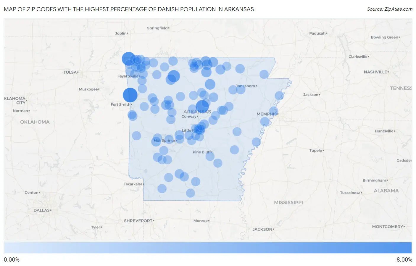 Zip Codes with the Highest Percentage of Danish Population in Arkansas Map