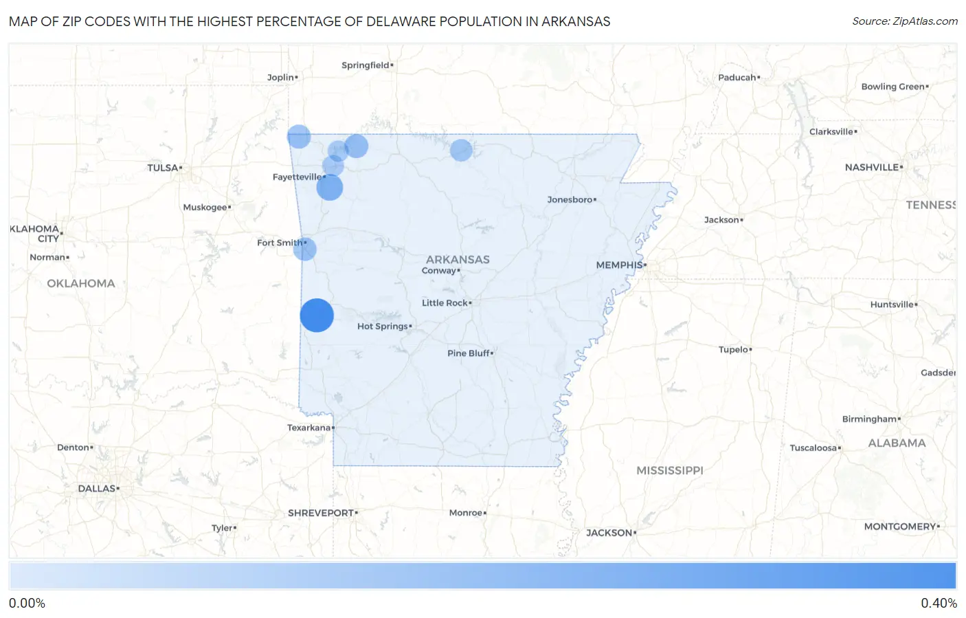 Zip Codes with the Highest Percentage of Delaware Population in Arkansas Map