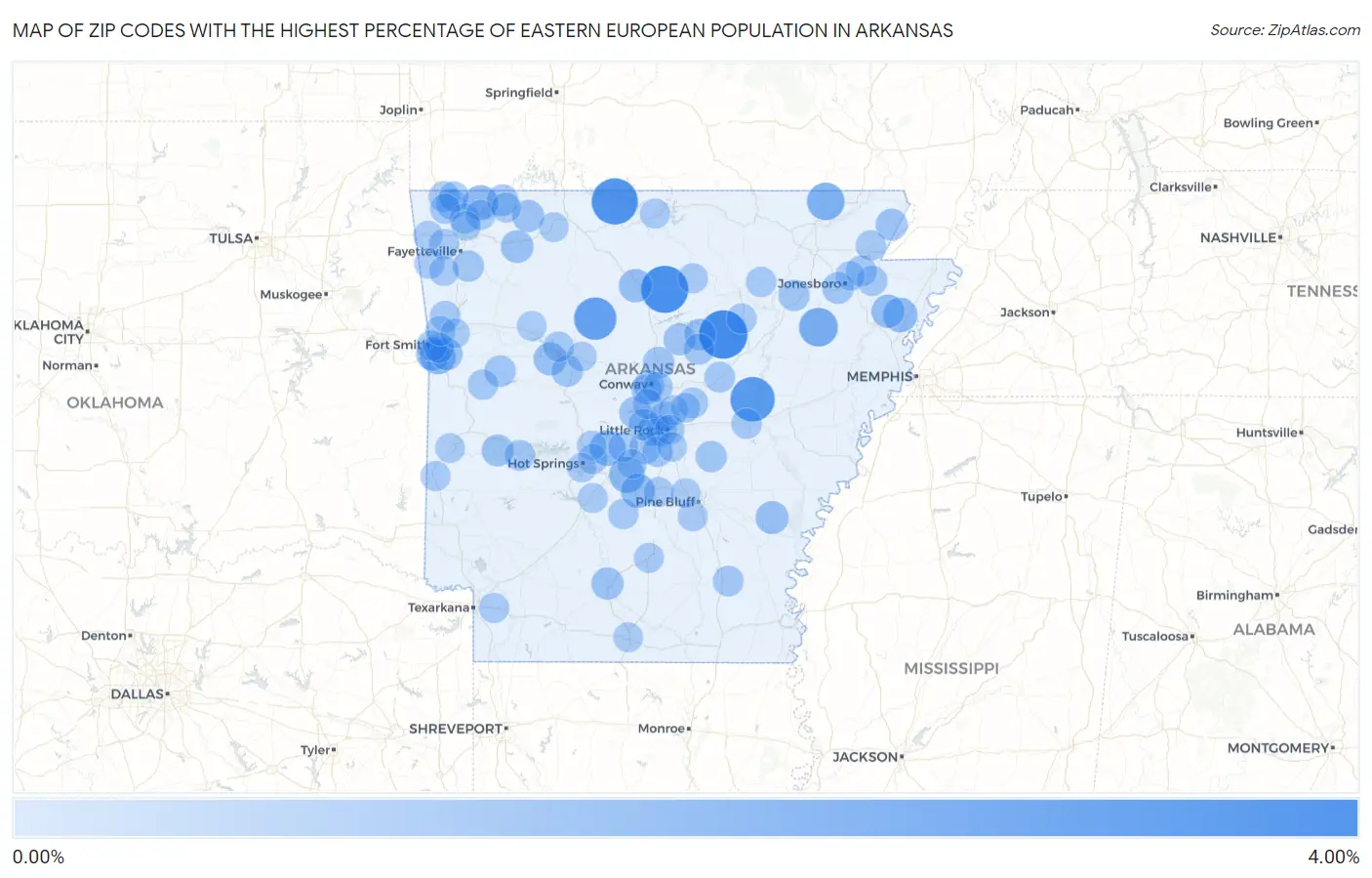 Zip Codes with the Highest Percentage of Eastern European Population in Arkansas Map
