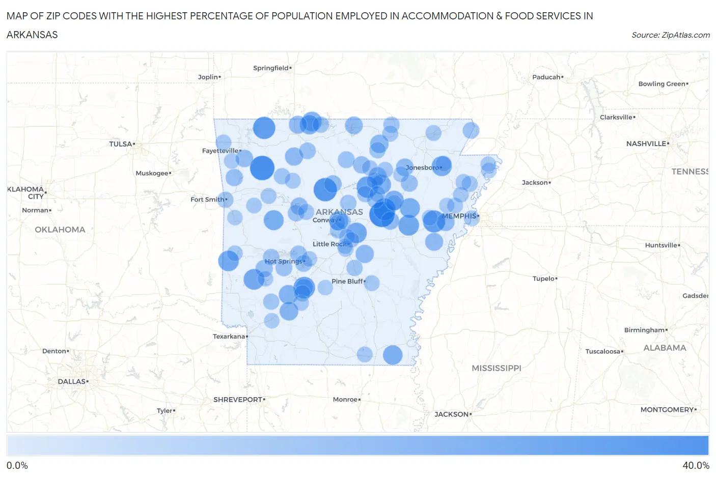 Zip Codes with the Highest Percentage of Population Employed in Accommodation & Food Services in Arkansas Map