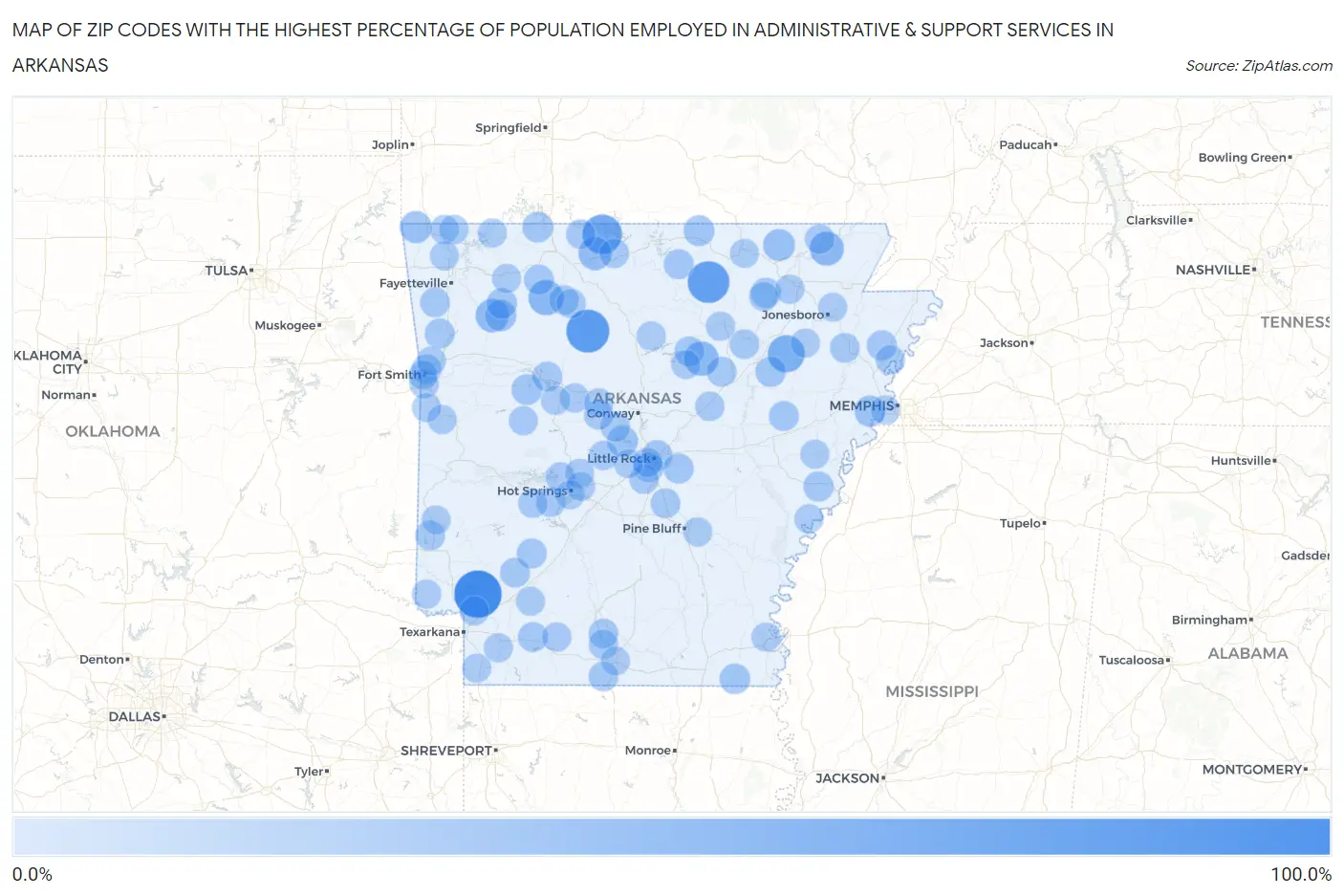 Zip Codes with the Highest Percentage of Population Employed in Administrative & Support Services in Arkansas Map