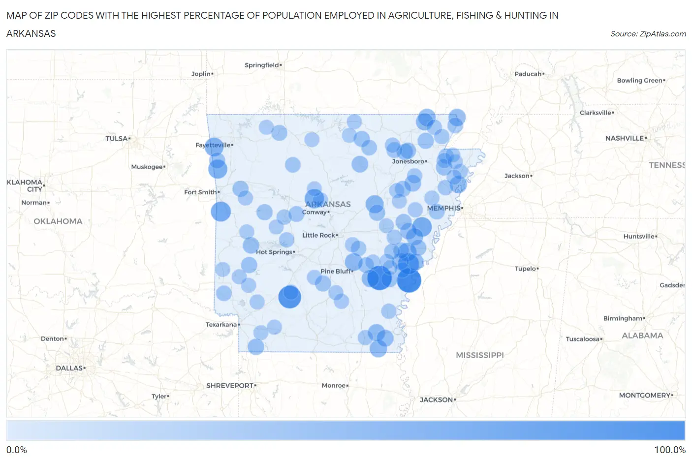 Zip Codes with the Highest Percentage of Population Employed in Agriculture, Fishing & Hunting in Arkansas Map