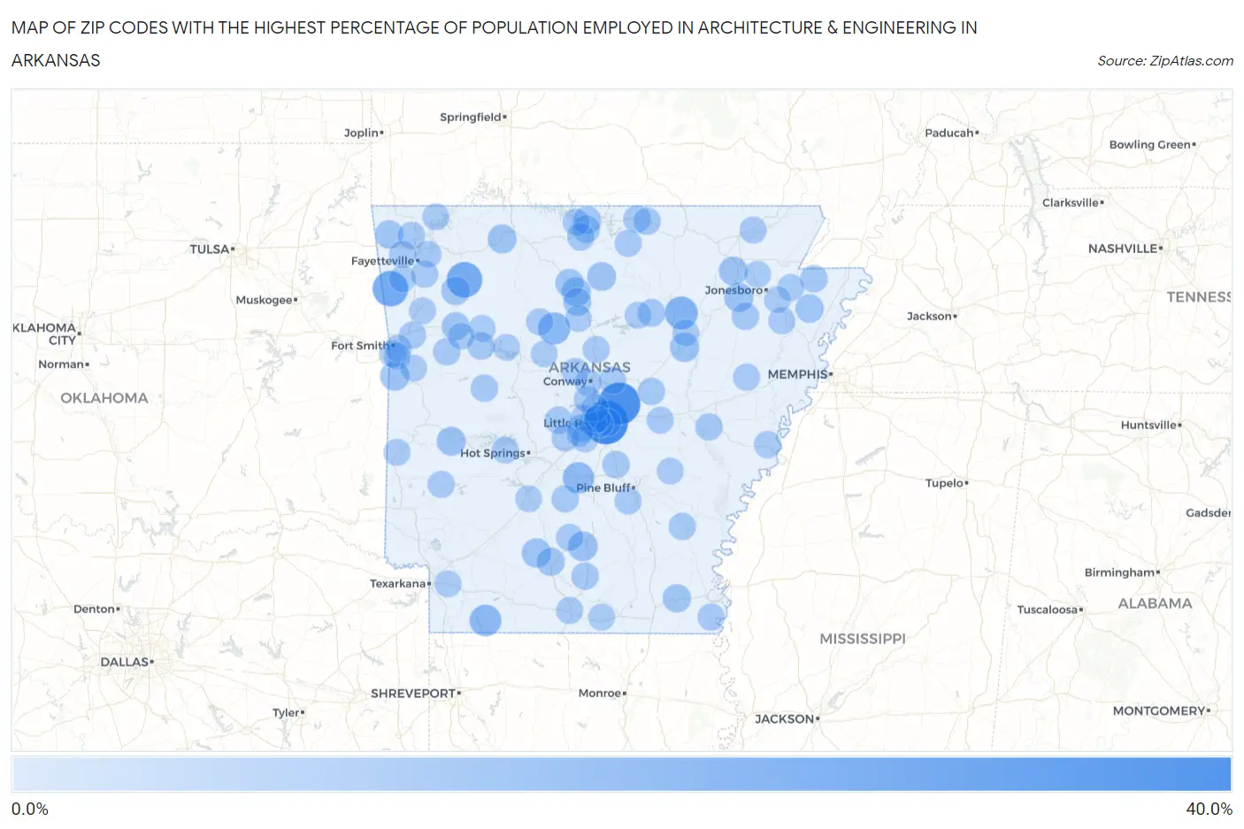 Zip Codes with the Highest Percentage of Population Employed in Architecture & Engineering in Arkansas Map