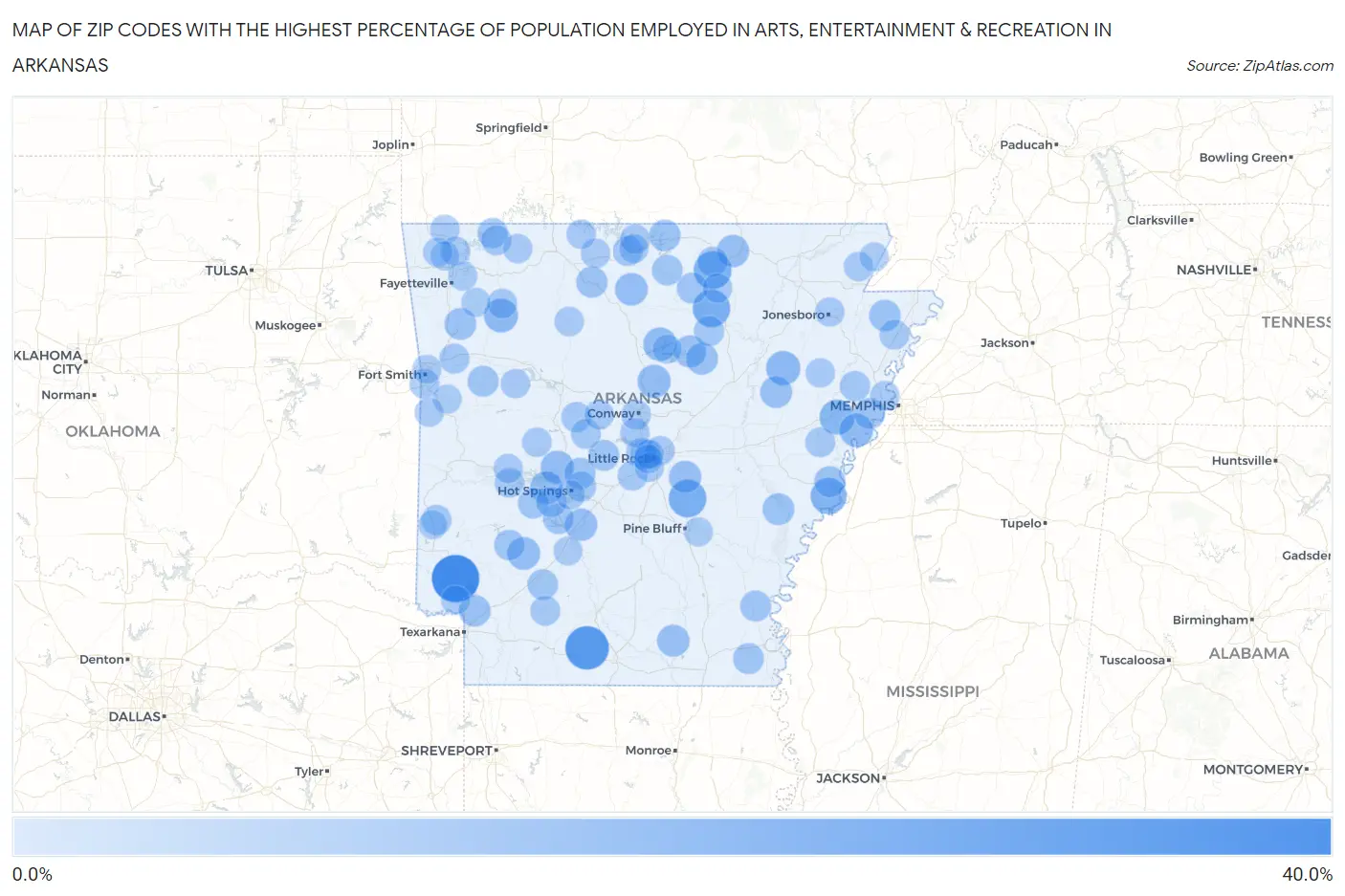 Zip Codes with the Highest Percentage of Population Employed in Arts, Entertainment & Recreation in Arkansas Map
