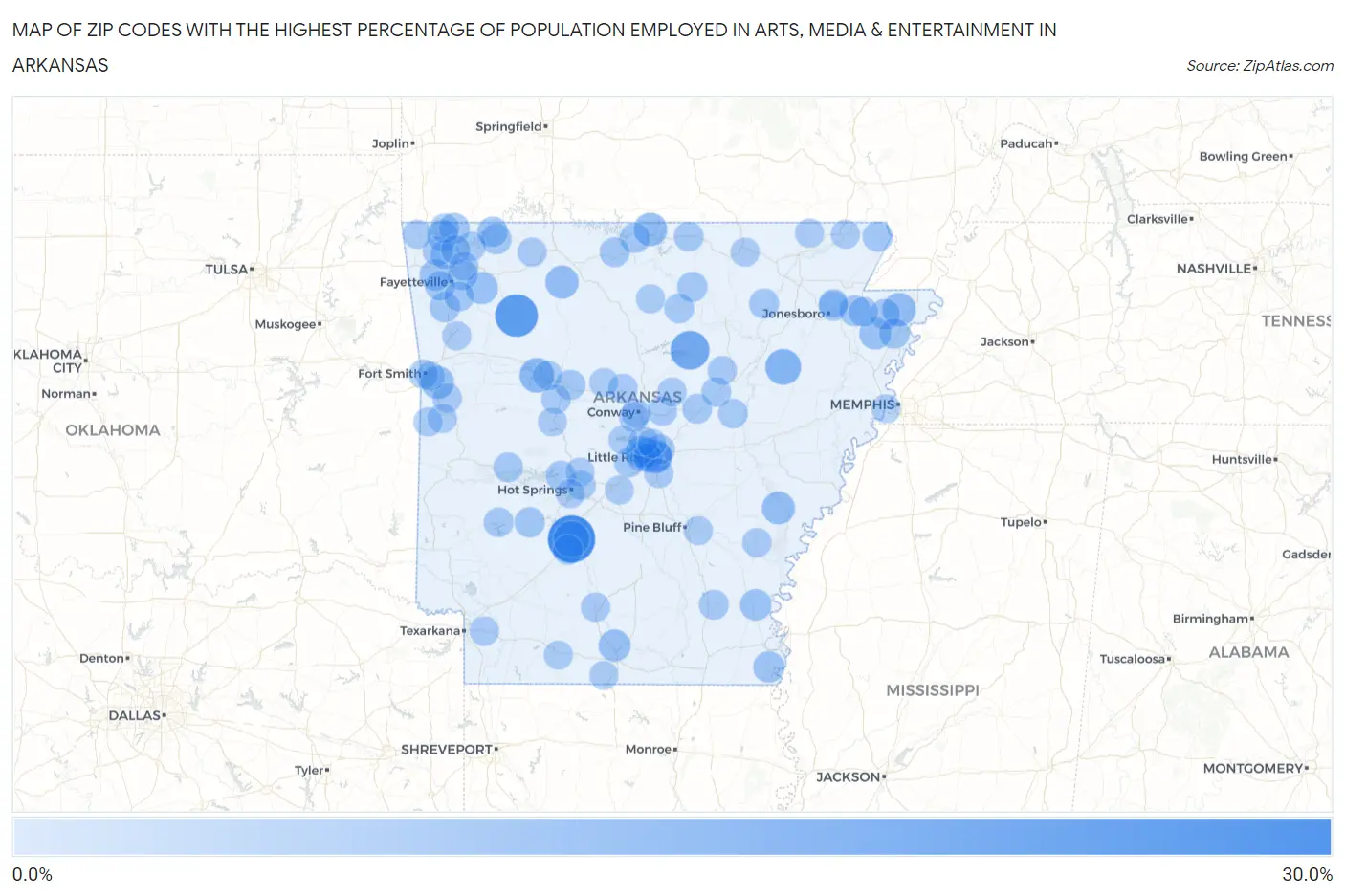 Zip Codes with the Highest Percentage of Population Employed in Arts, Media & Entertainment in Arkansas Map