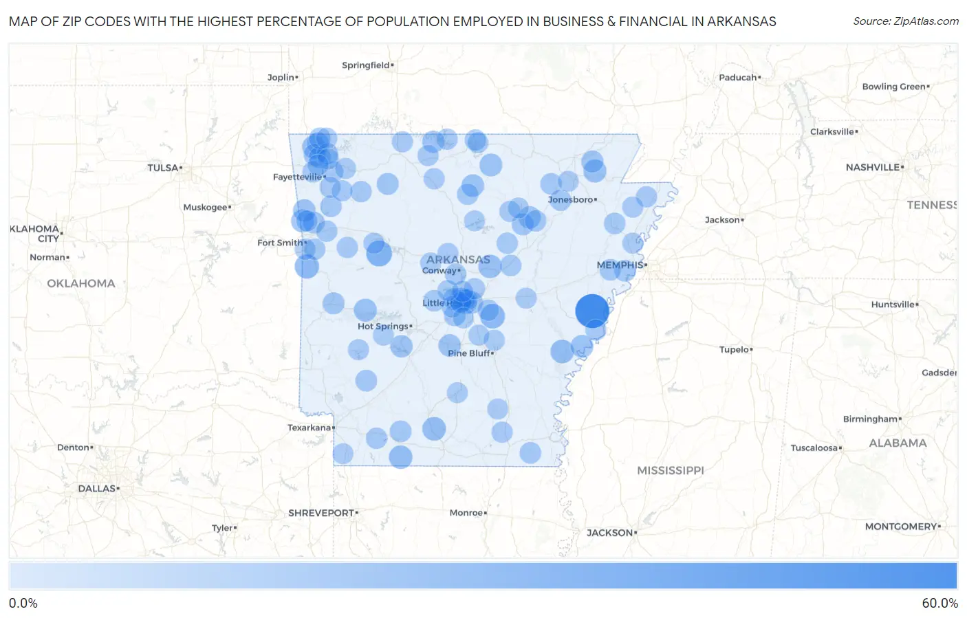 Zip Codes with the Highest Percentage of Population Employed in Business & Financial in Arkansas Map