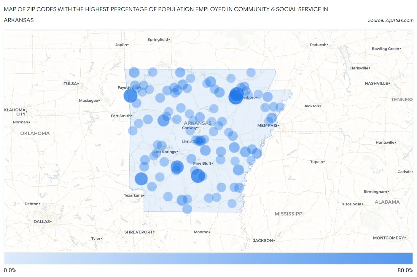 Zip Codes with the Highest Percentage of Population Employed in Community & Social Service  in Arkansas Map