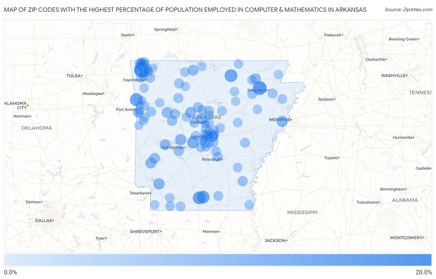 Zip Codes with the Highest Percentage of Population Employed in Computer & Mathematics in Arkansas Map