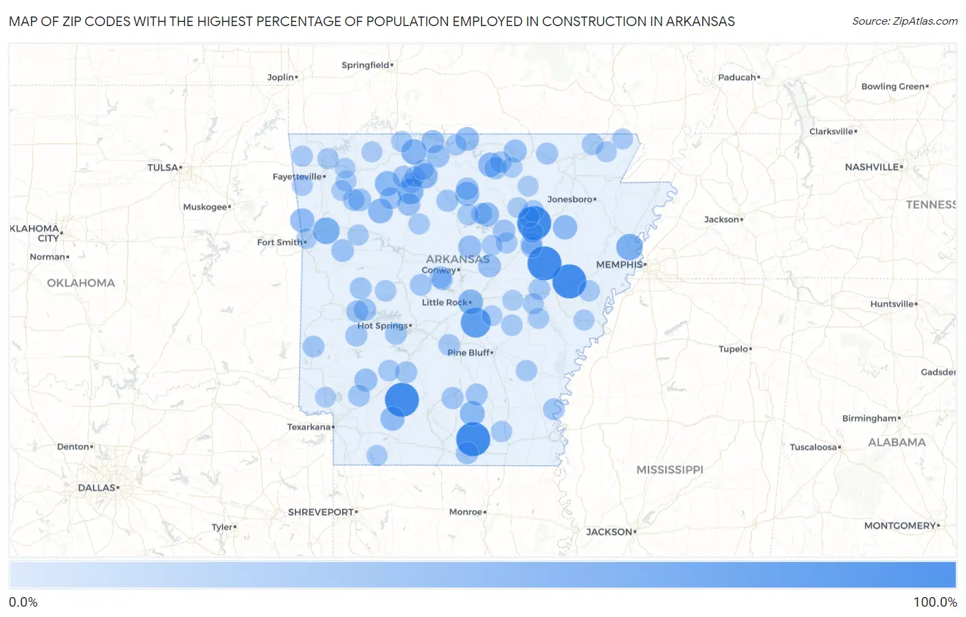 Zip Codes with the Highest Percentage of Population Employed in Construction in Arkansas Map