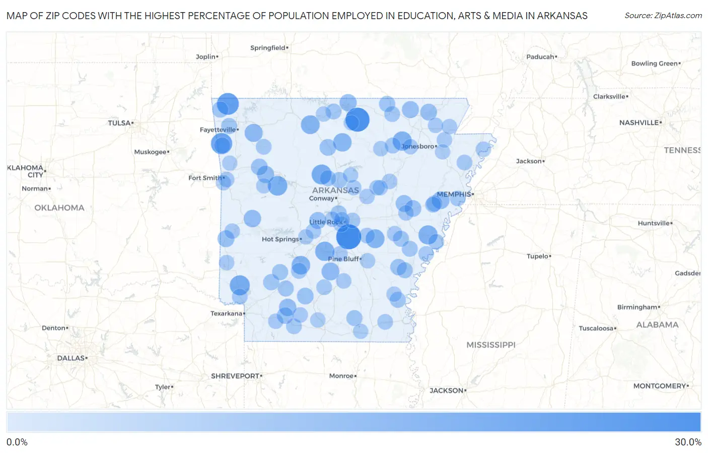 Zip Codes with the Highest Percentage of Population Employed in Education, Arts & Media in Arkansas Map