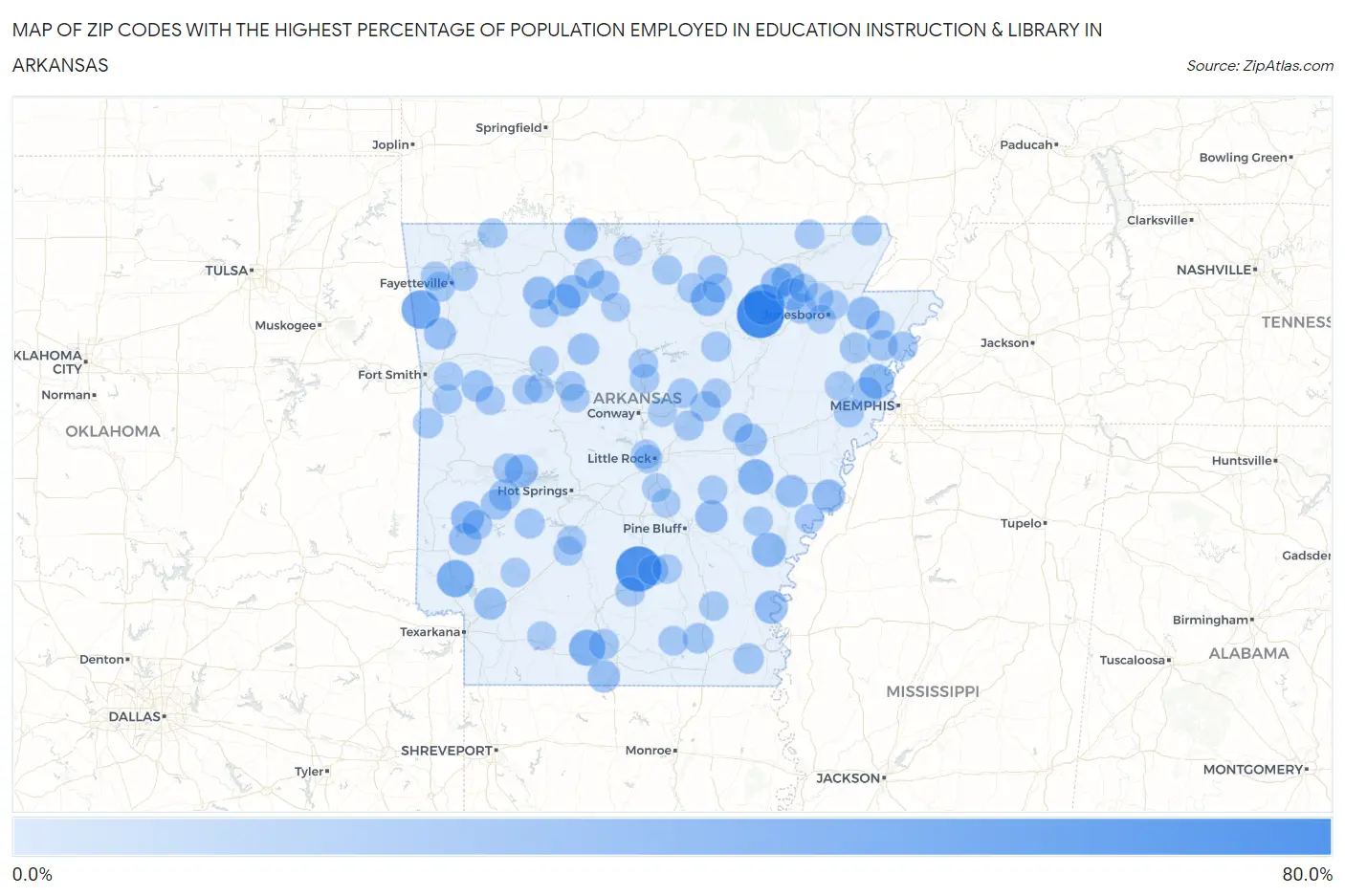 Zip Codes with the Highest Percentage of Population Employed in Education Instruction & Library in Arkansas Map
