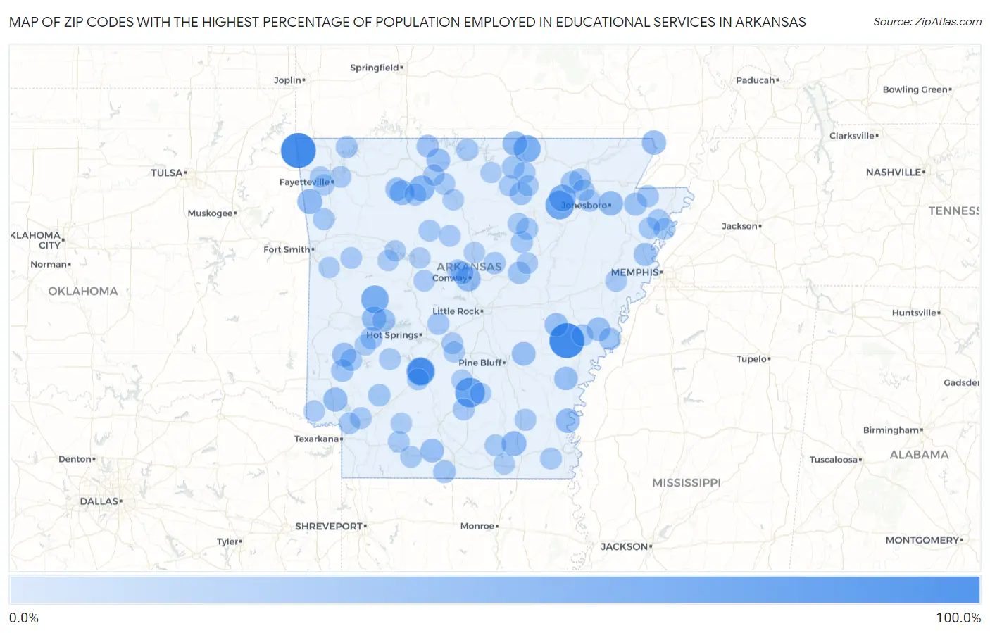 Zip Codes with the Highest Percentage of Population Employed in Educational Services in Arkansas Map