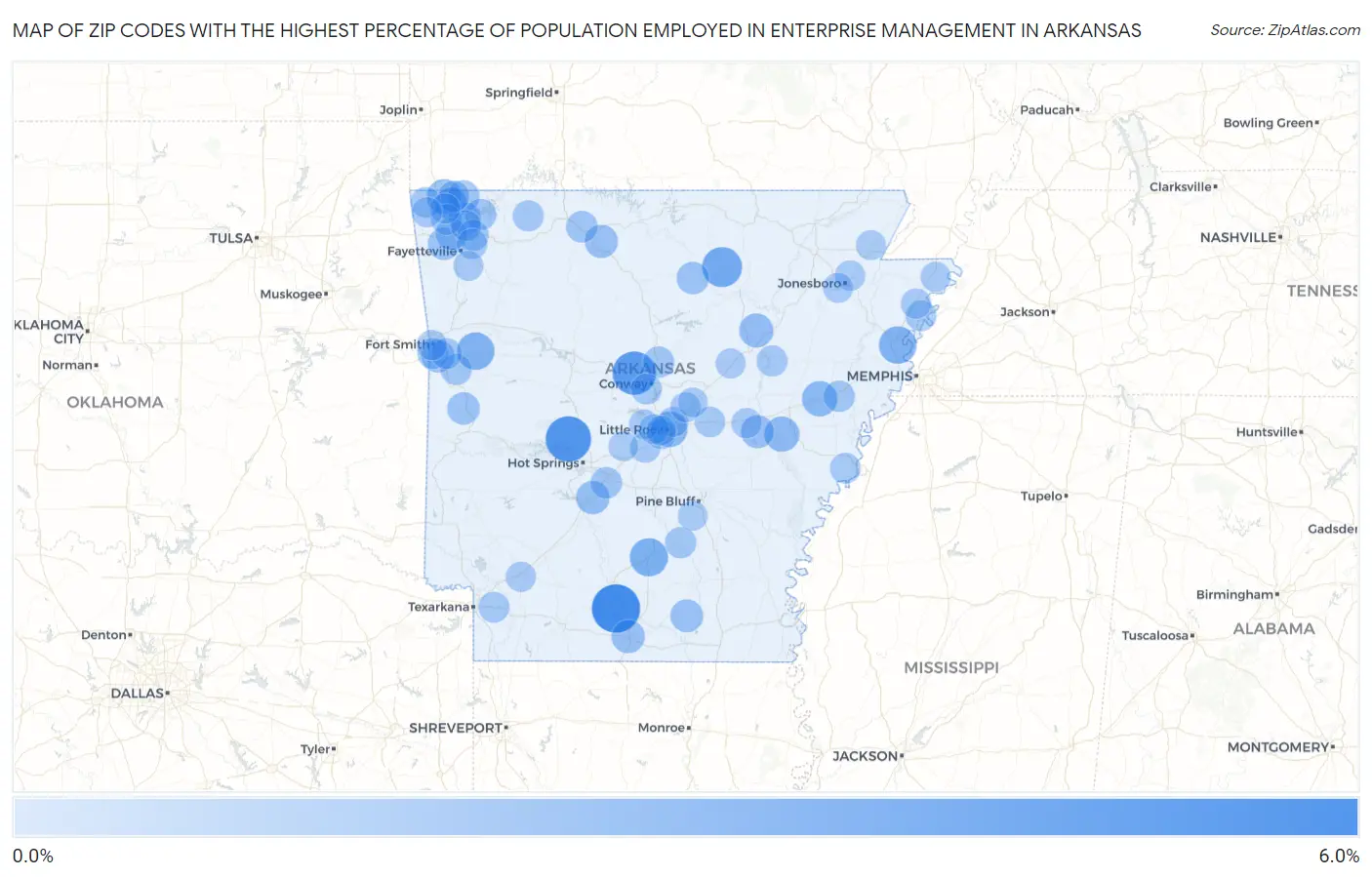 Zip Codes with the Highest Percentage of Population Employed in Enterprise Management in Arkansas Map