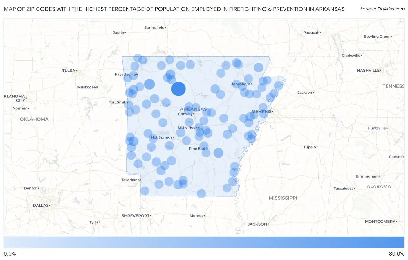 Zip Codes with the Highest Percentage of Population Employed in Firefighting & Prevention in Arkansas Map