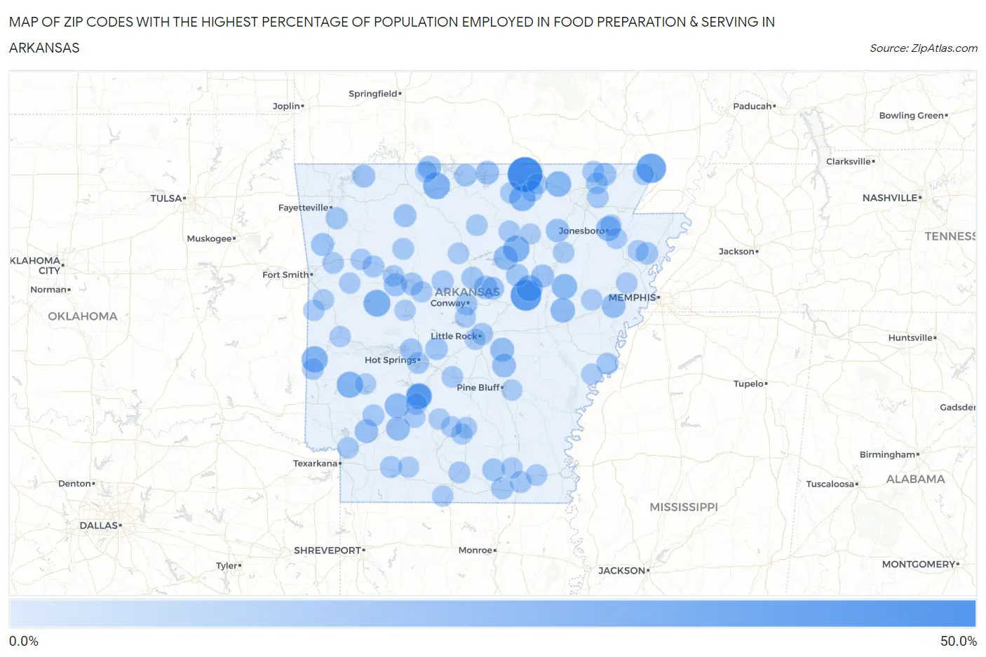Zip Codes with the Highest Percentage of Population Employed in Food Preparation & Serving in Arkansas Map