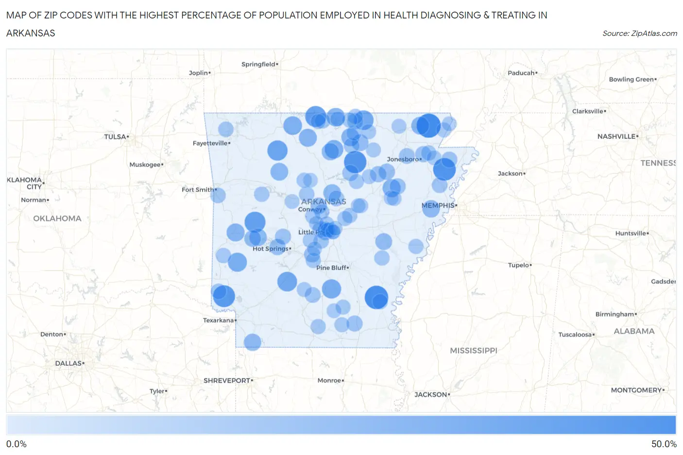 Zip Codes with the Highest Percentage of Population Employed in Health Diagnosing & Treating in Arkansas Map
