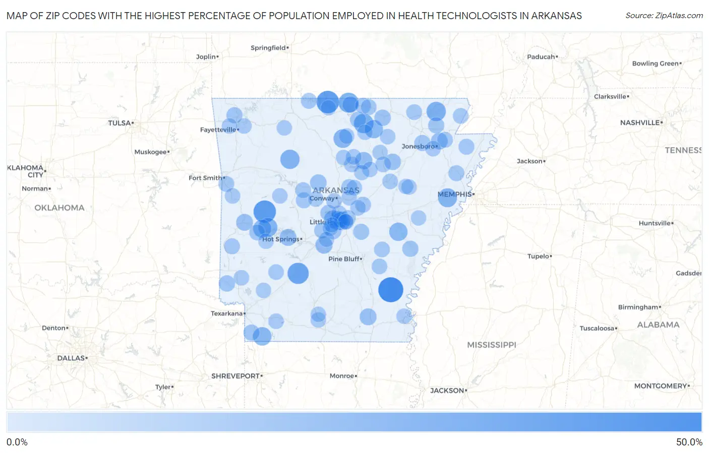 Zip Codes with the Highest Percentage of Population Employed in Health Technologists in Arkansas Map