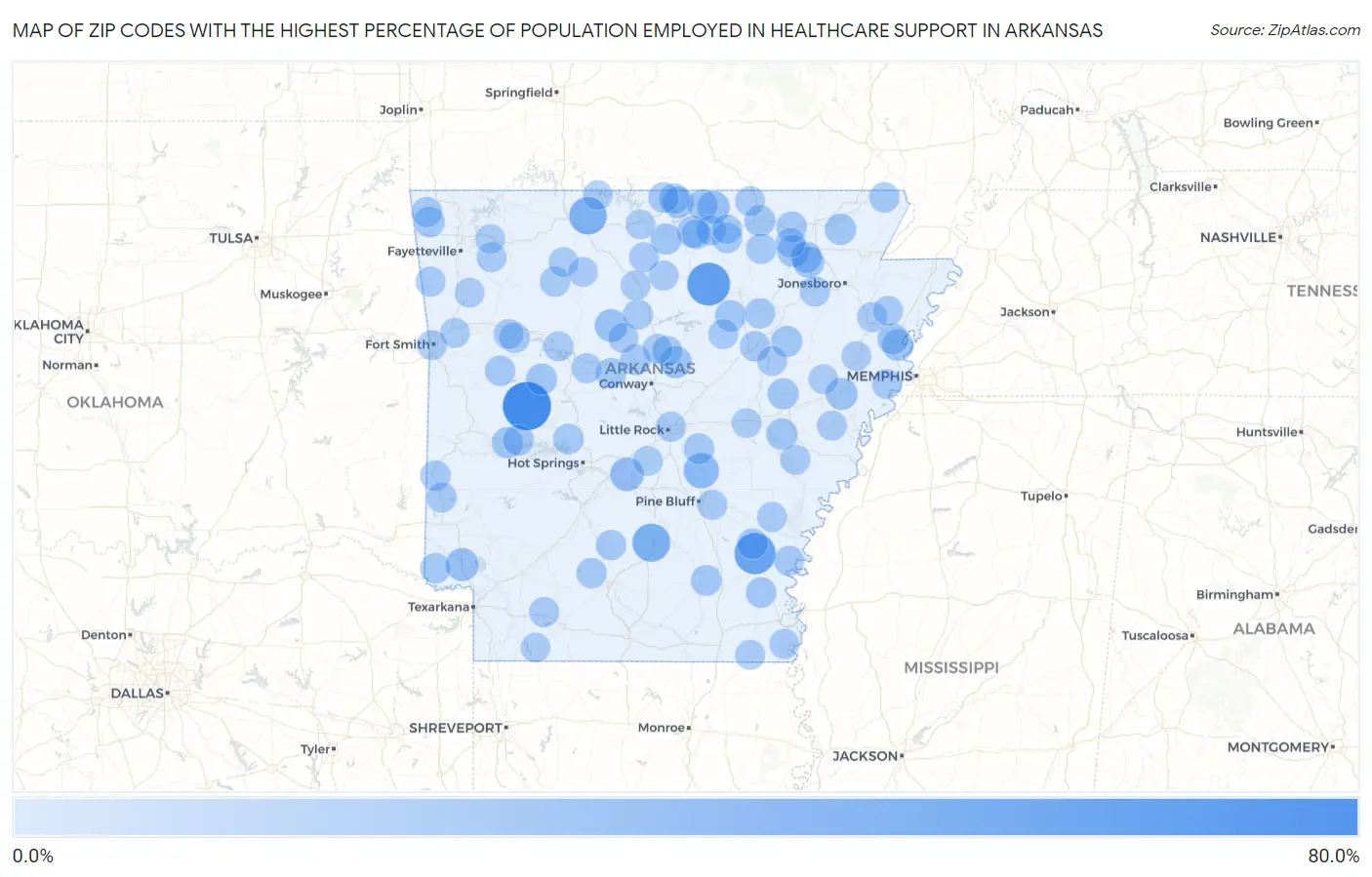 Zip Codes with the Highest Percentage of Population Employed in Healthcare Support in Arkansas Map
