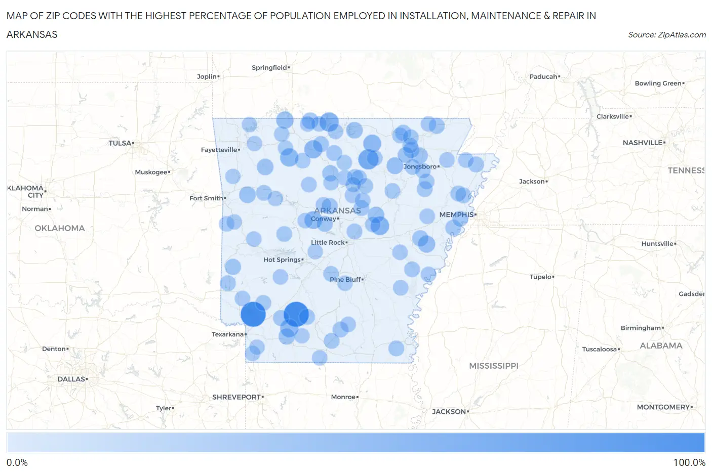 Zip Codes with the Highest Percentage of Population Employed in Installation, Maintenance & Repair in Arkansas Map