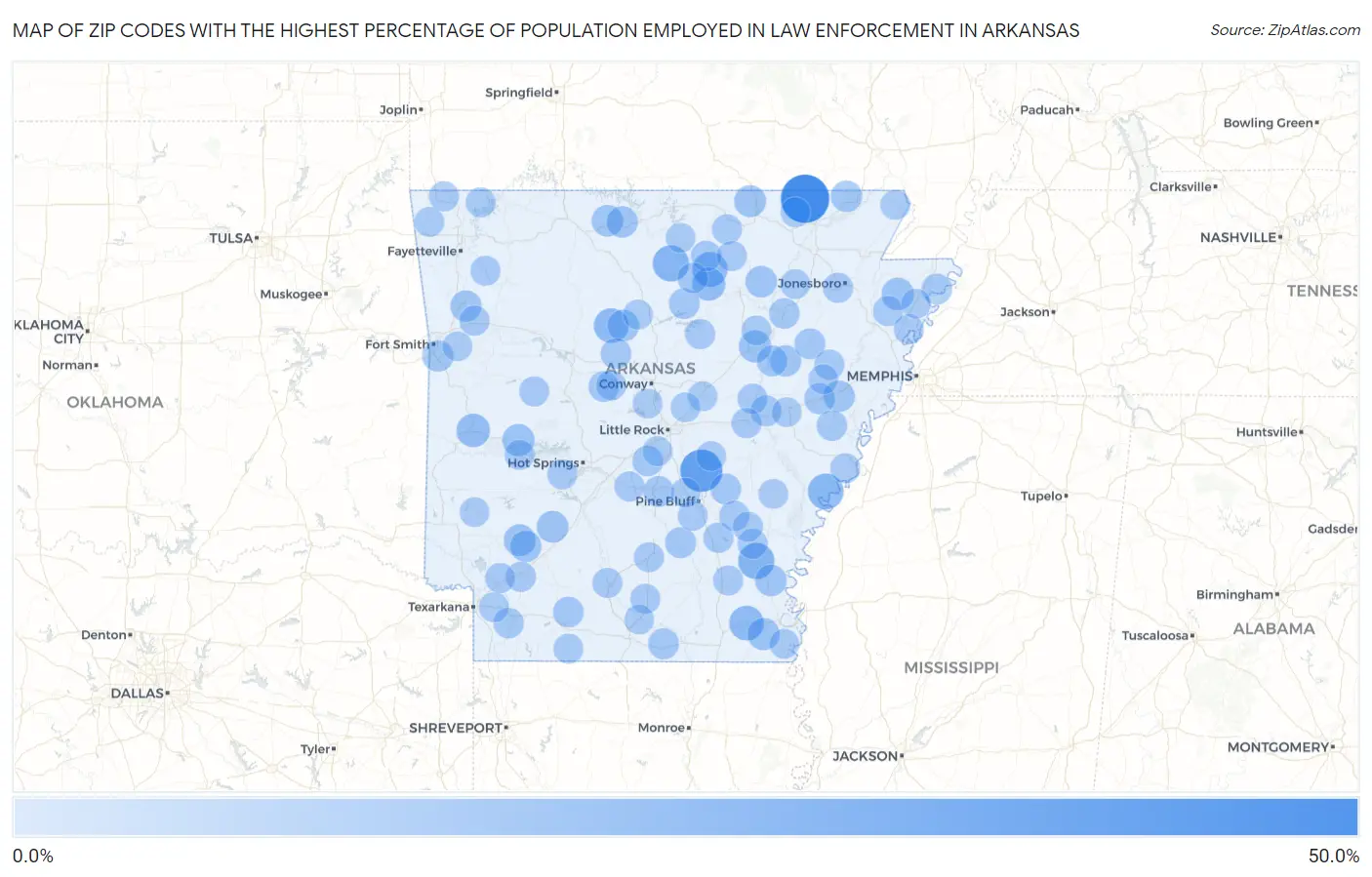 Zip Codes with the Highest Percentage of Population Employed in Law Enforcement in Arkansas Map