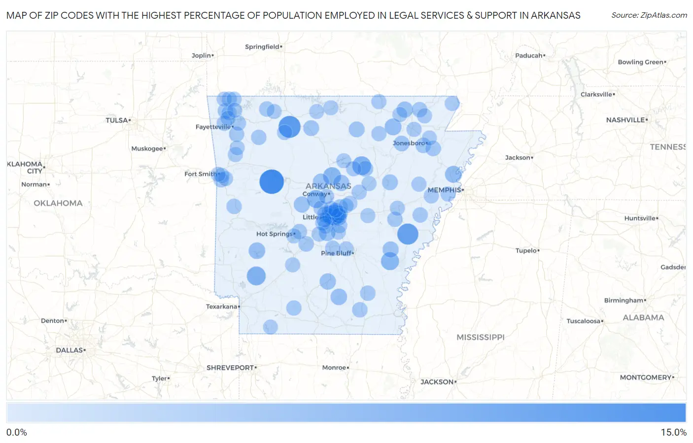 Zip Codes with the Highest Percentage of Population Employed in Legal Services & Support in Arkansas Map
