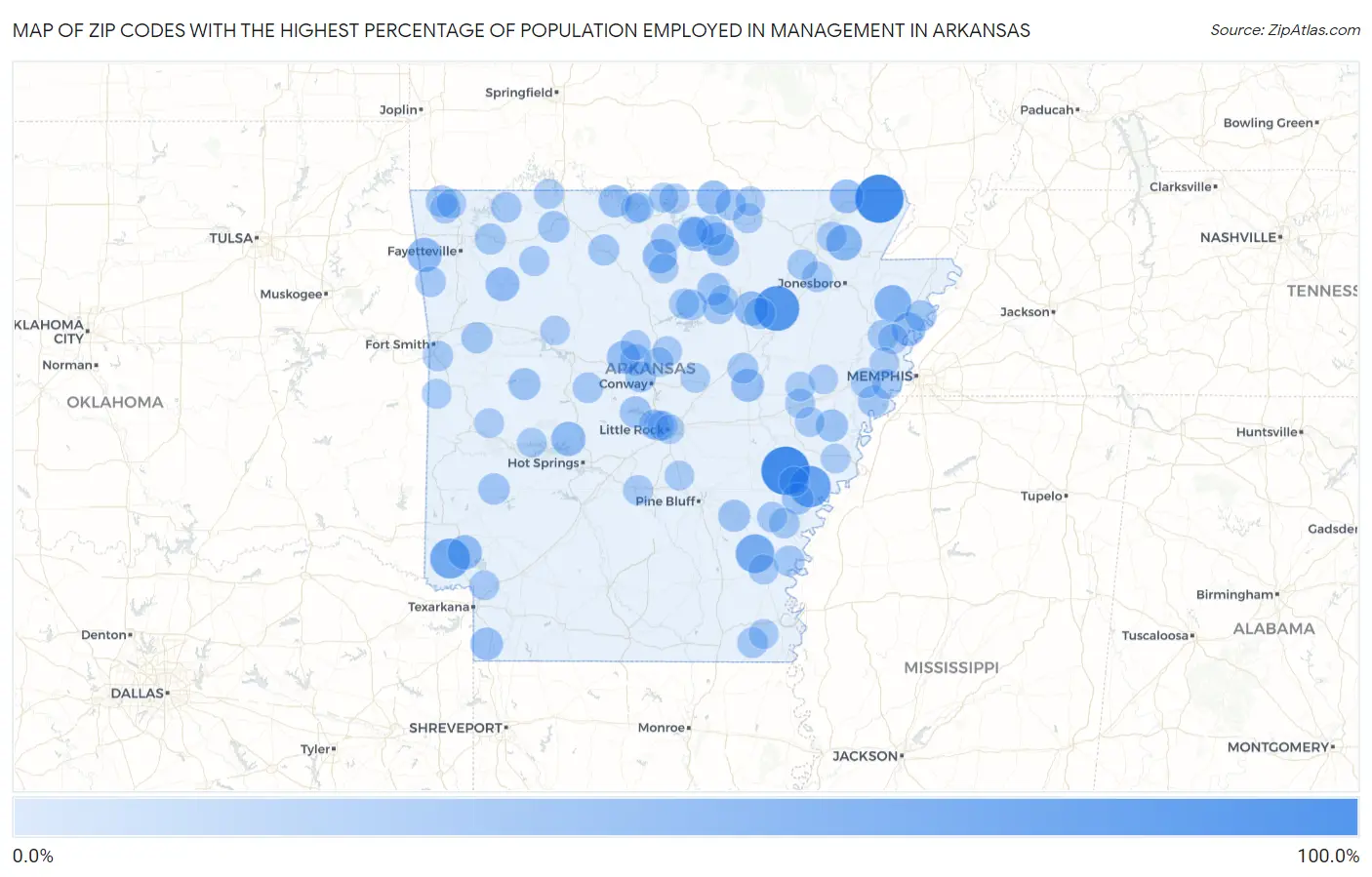 Zip Codes with the Highest Percentage of Population Employed in Management in Arkansas Map