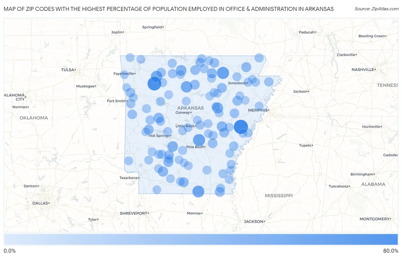 Zip Codes with the Highest Percentage of Population Employed in Office & Administration in Arkansas Map