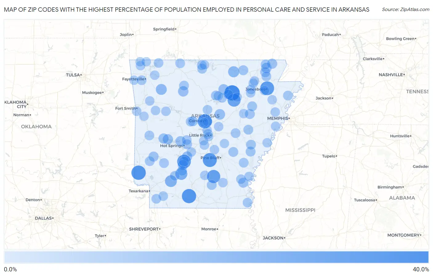 Zip Codes with the Highest Percentage of Population Employed in Personal Care and Service in Arkansas Map