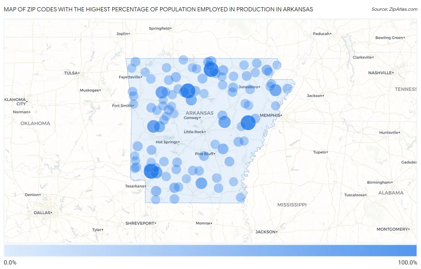 Zip Codes with the Highest Percentage of Population Employed in Production in Arkansas Map