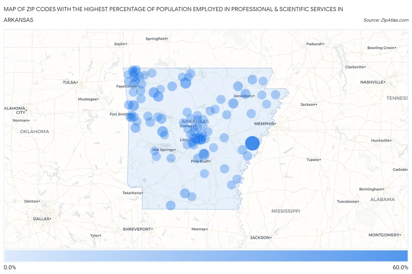 Zip Codes with the Highest Percentage of Population Employed in Professional & Scientific Services in Arkansas Map