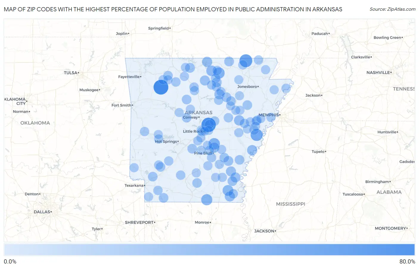 Zip Codes with the Highest Percentage of Population Employed in Public Administration in Arkansas Map
