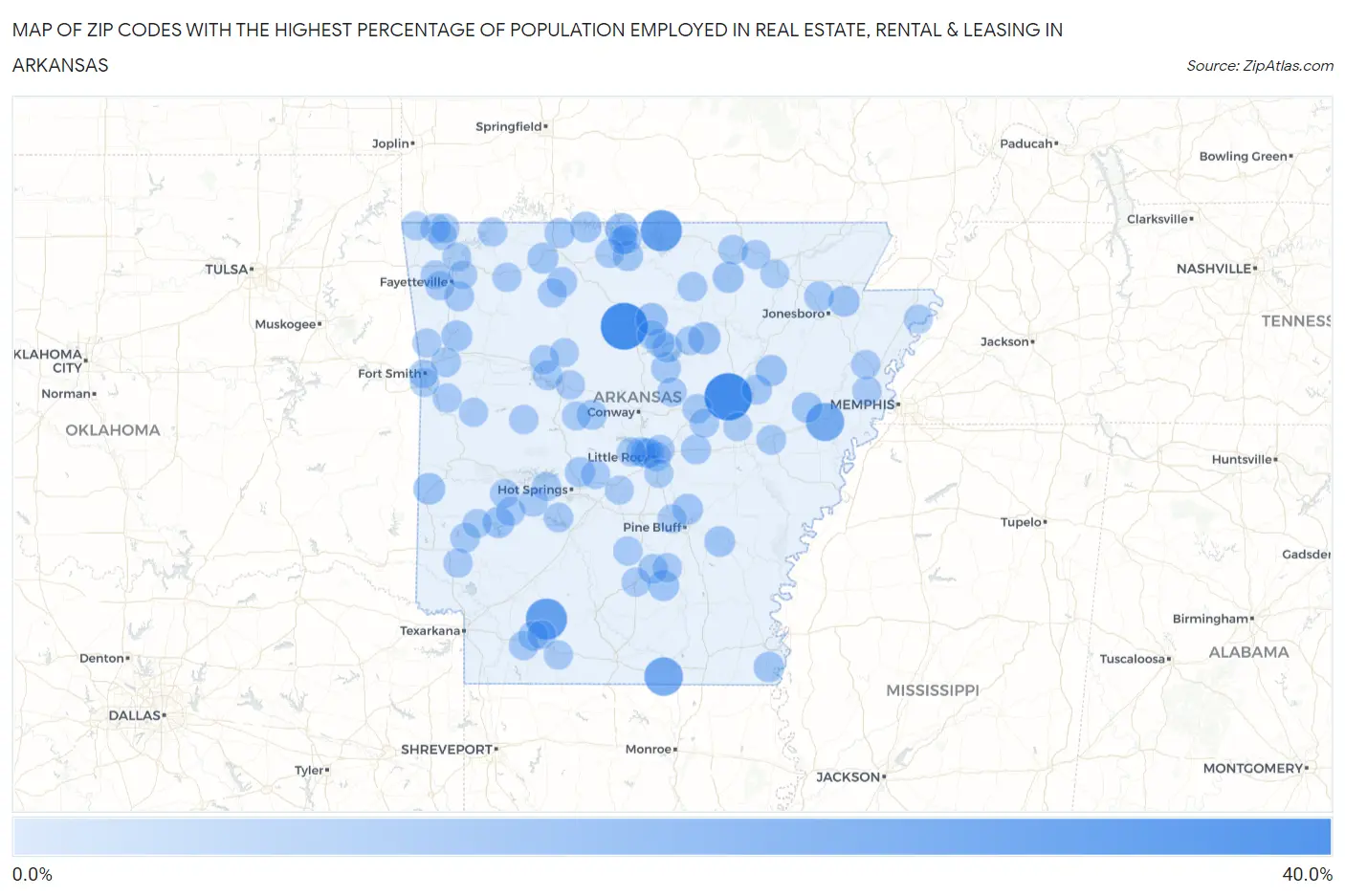 Zip Codes with the Highest Percentage of Population Employed in Real Estate, Rental & Leasing in Arkansas Map