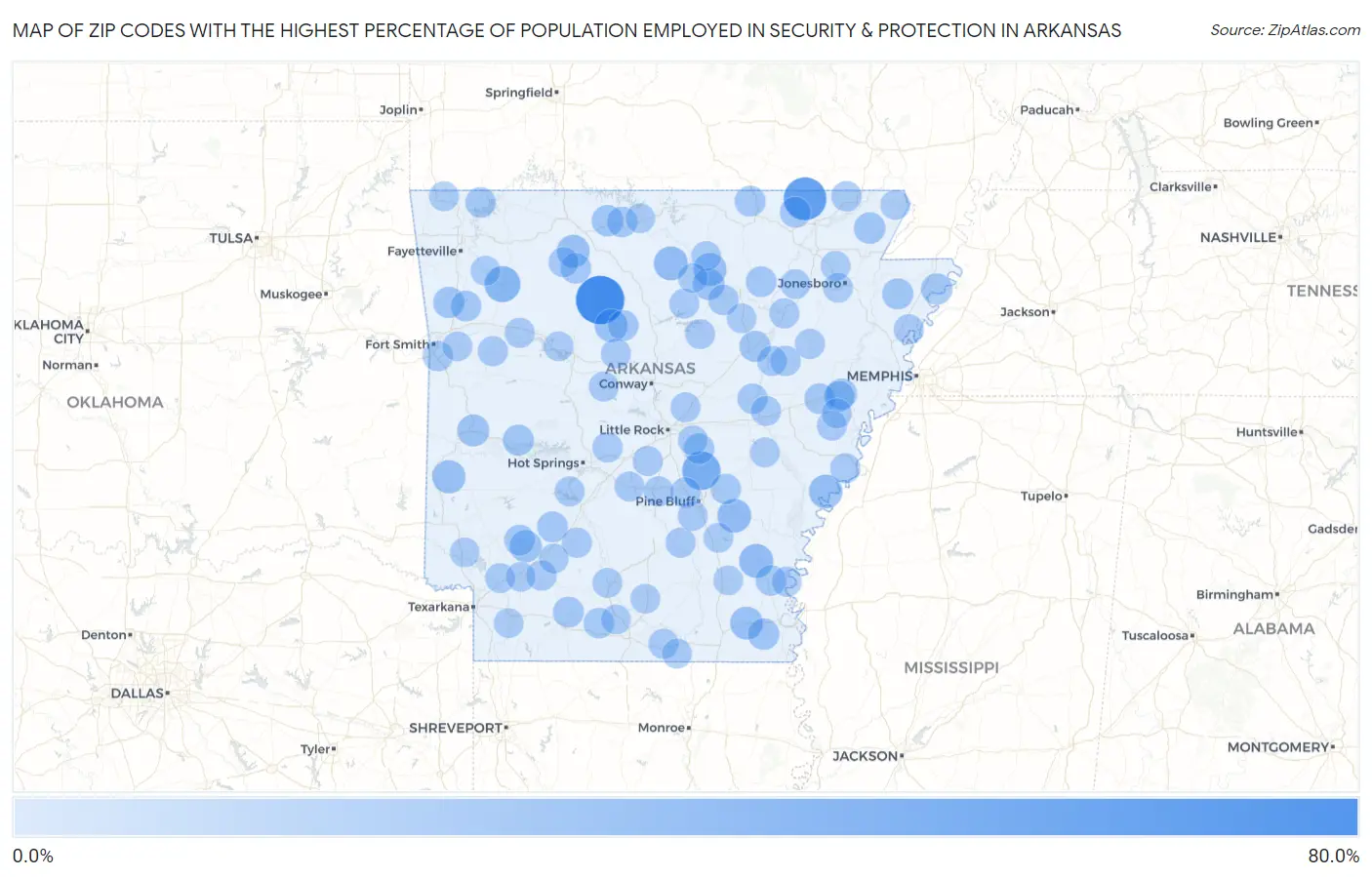 Zip Codes with the Highest Percentage of Population Employed in Security & Protection in Arkansas Map