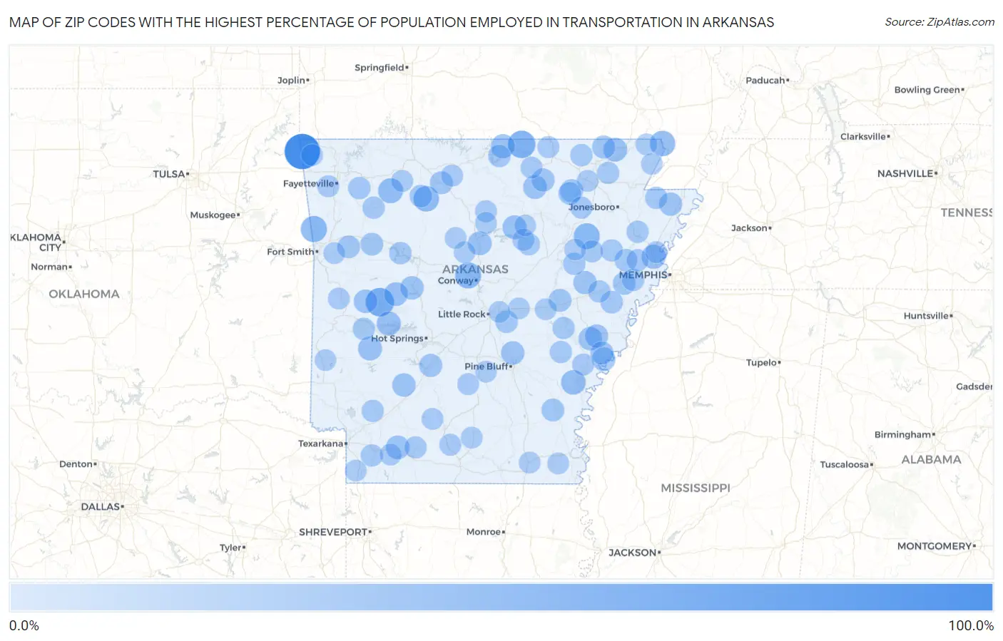 Zip Codes with the Highest Percentage of Population Employed in Transportation in Arkansas Map