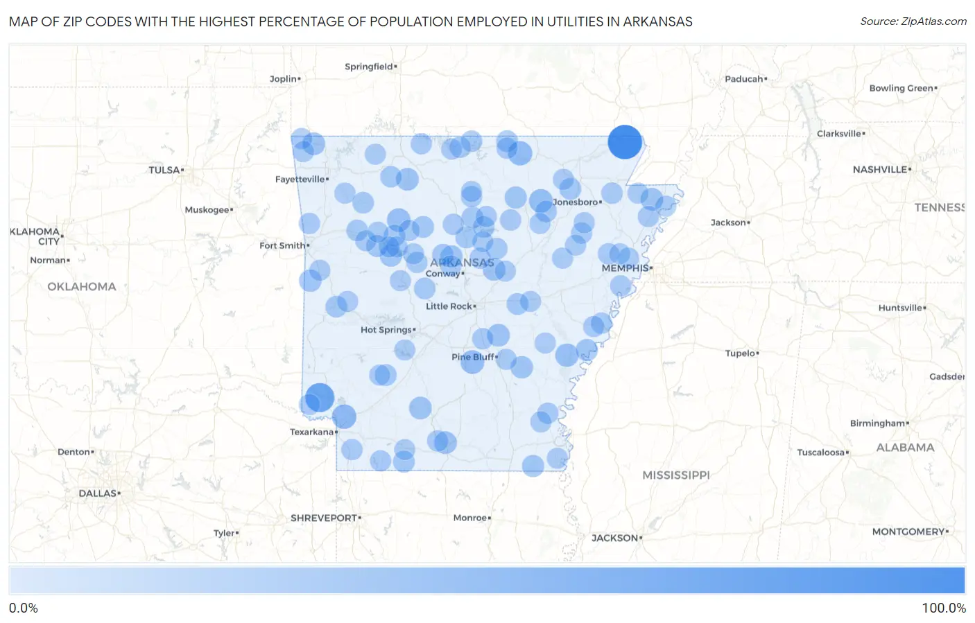 Zip Codes with the Highest Percentage of Population Employed in Utilities in Arkansas Map