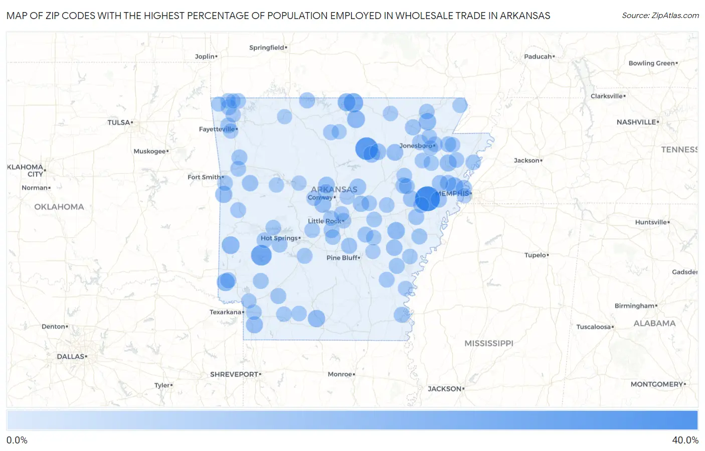 Zip Codes with the Highest Percentage of Population Employed in Wholesale Trade in Arkansas Map