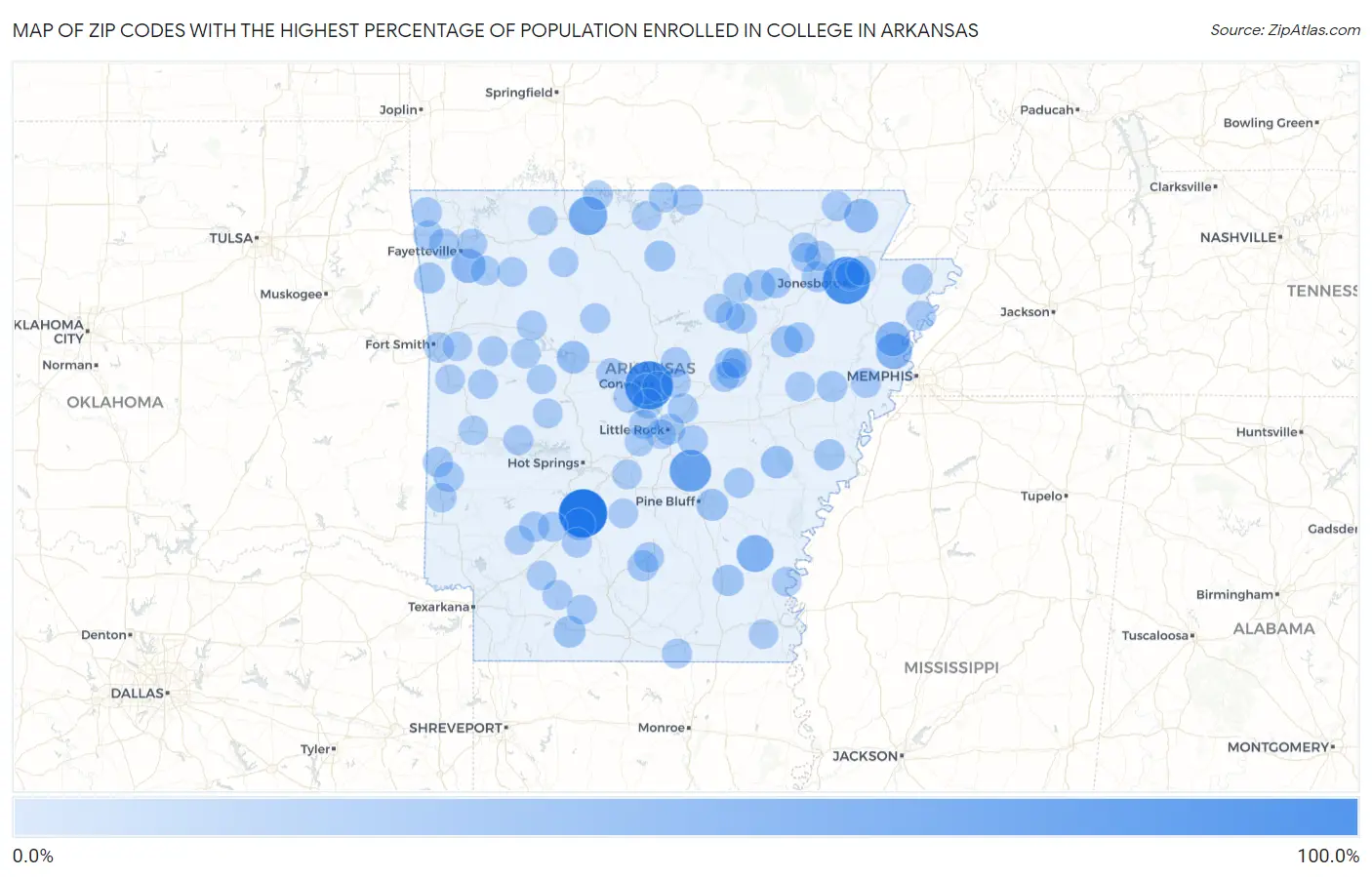 Zip Codes with the Highest Percentage of Population Enrolled in College in Arkansas Map