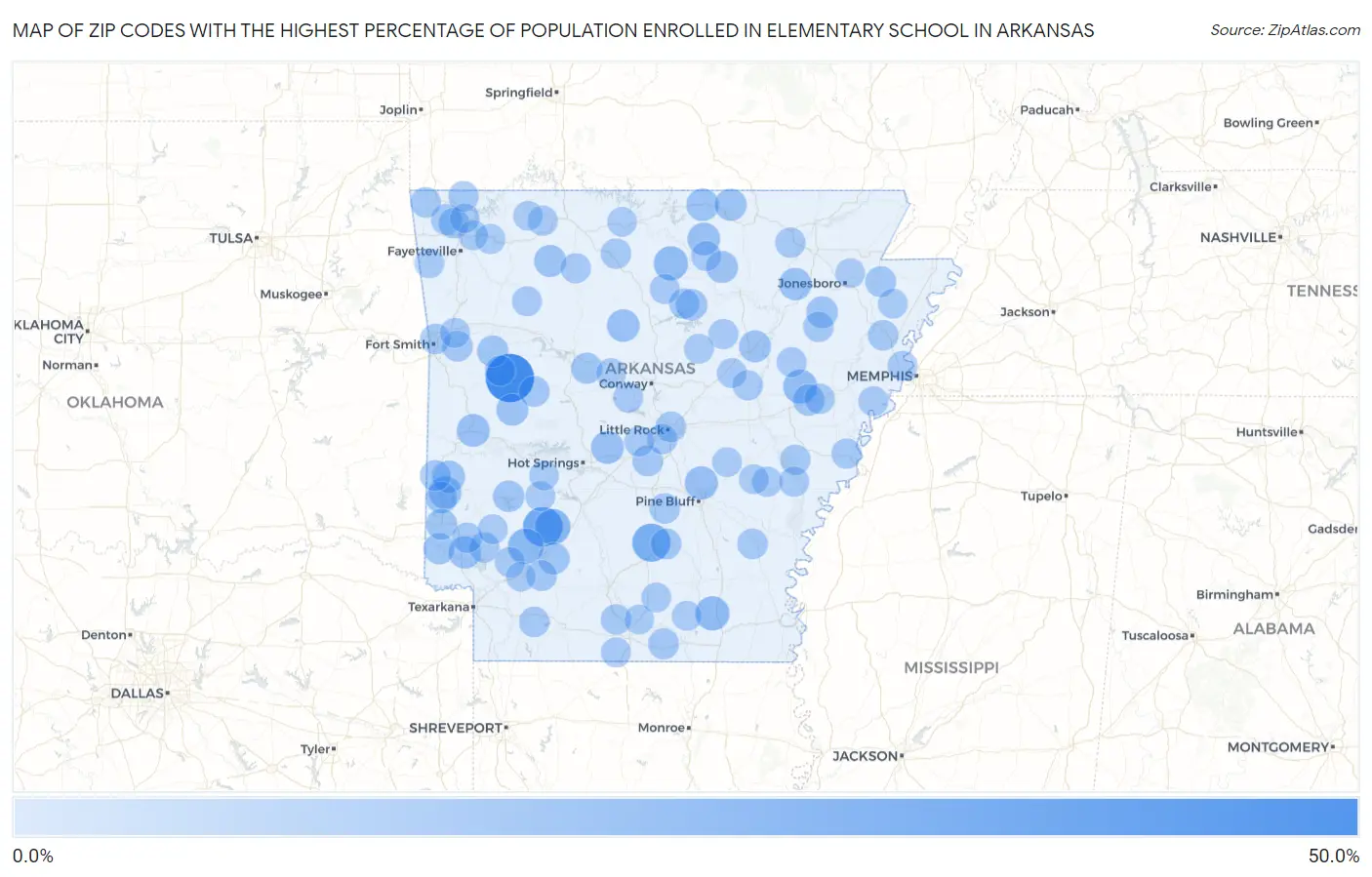 Zip Codes with the Highest Percentage of Population Enrolled in Elementary School in Arkansas Map