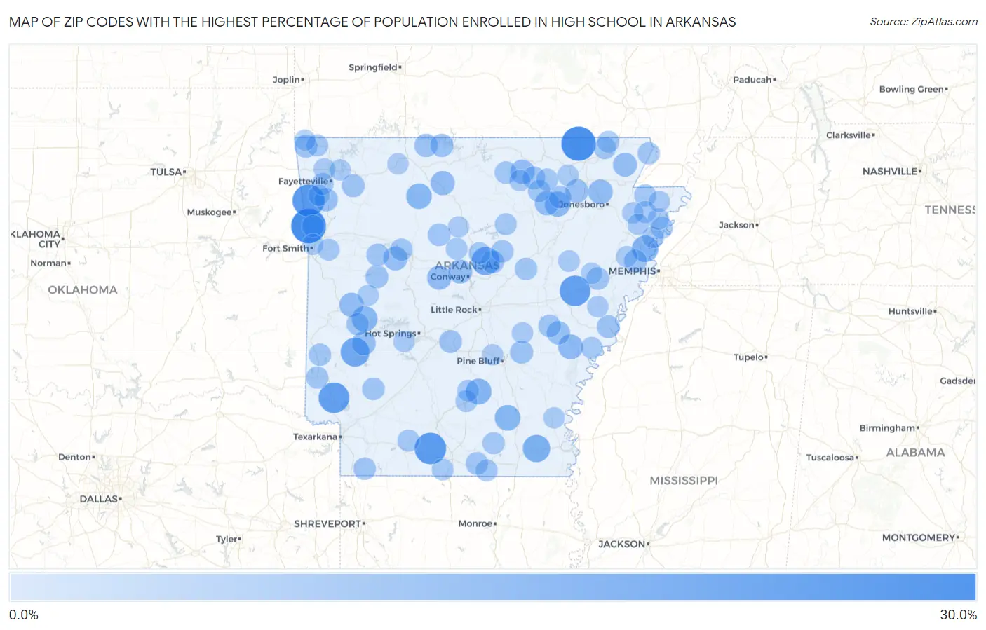 Zip Codes with the Highest Percentage of Population Enrolled in High School in Arkansas Map