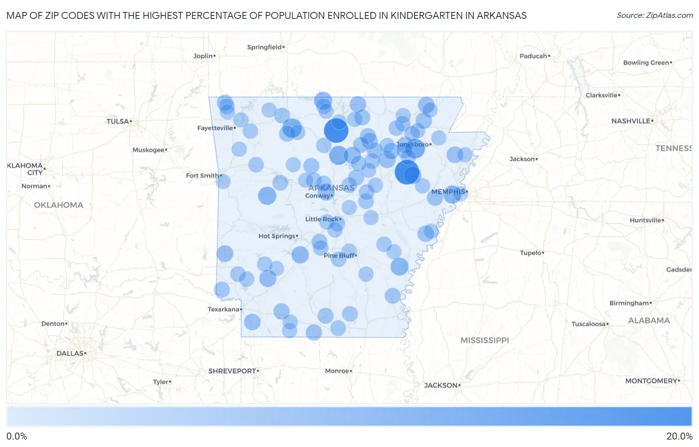 Zip Codes with the Highest Percentage of Population Enrolled in Kindergarten in Arkansas Map